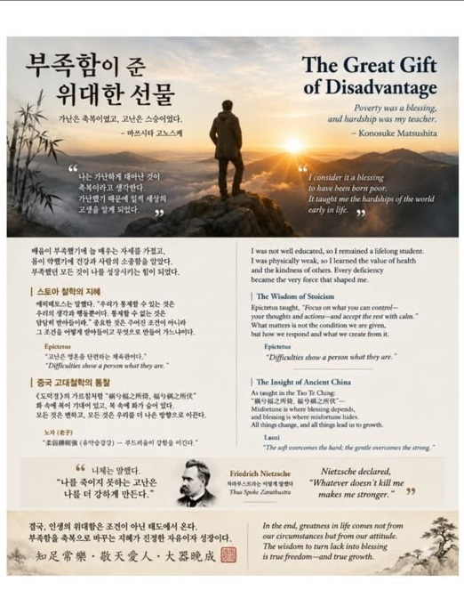 Bilingual illustrated reflection titled The Great Gift of Disadvantage, citing Konosuke Matsushita, Stoicism, Laozi, and Nietzsche on turning limitation into strength