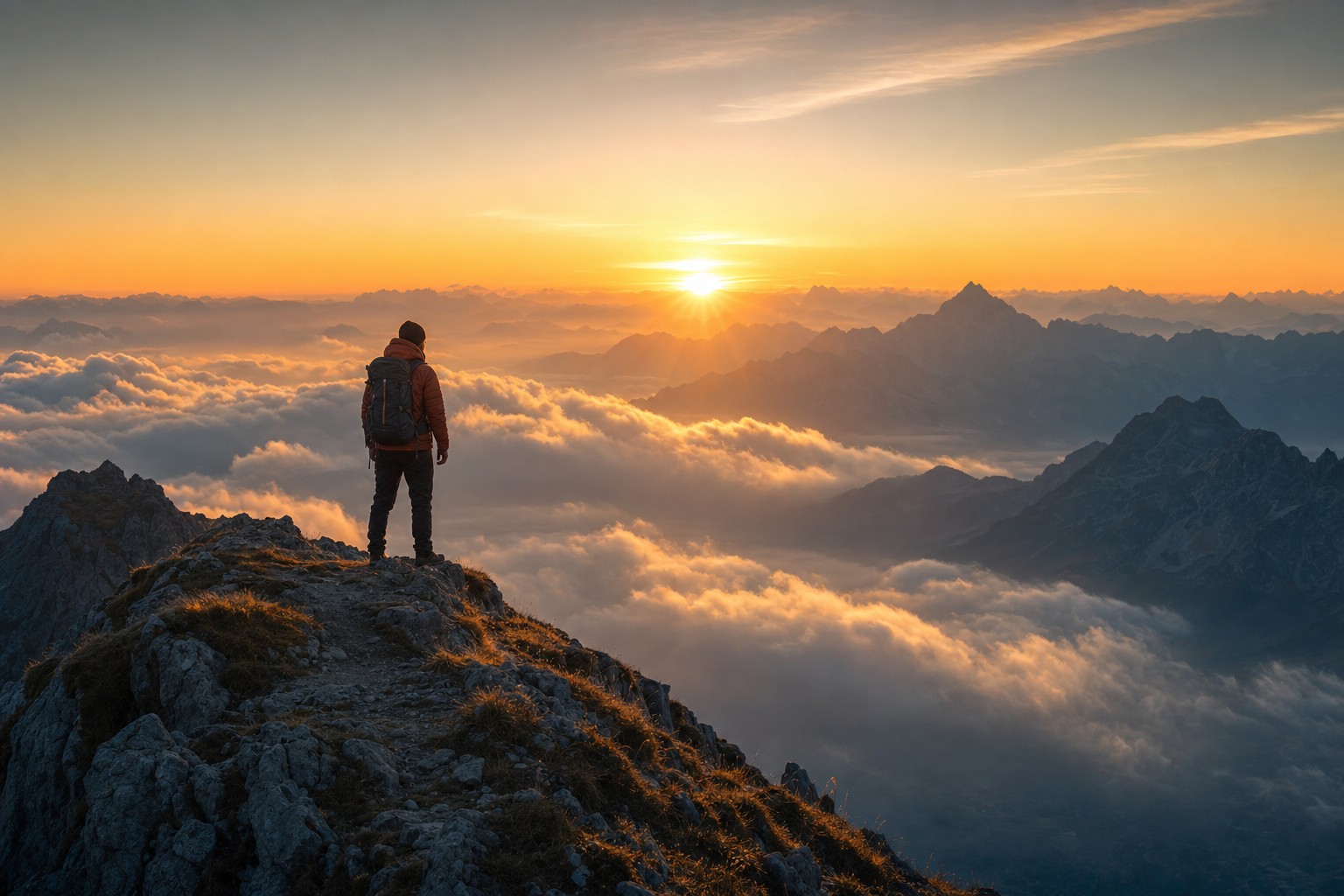 A solitary hiker standing on a rocky mountain ridge above the clouds, watching a golden sunrise break over distant peaks