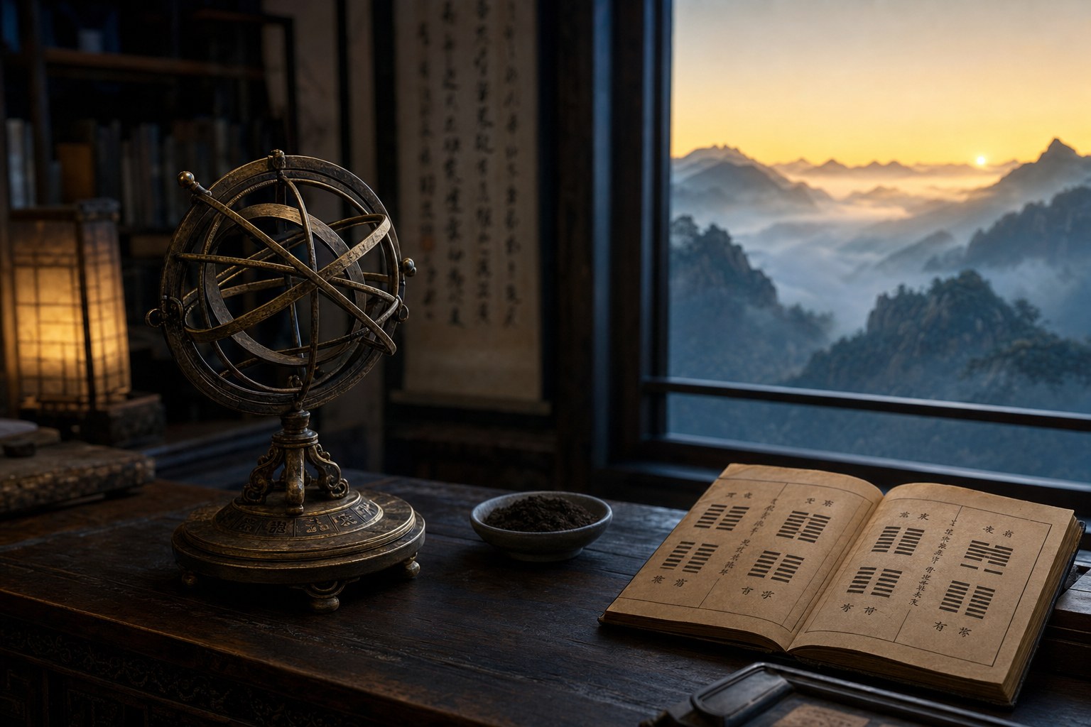 An antique bronze armillary sphere, a dish of dark earth, and an open book of I Ching hexagrams on a wooden desk at sunrise