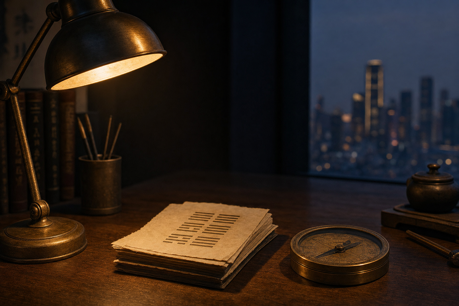 An antique brass compass and hexagram cards on a wooden desk under warm lamplight