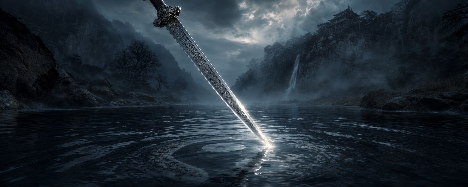 A single ornate sword blade glinting like lightning above the dark surface of a river, with a faint yin-yang motif rippling in the water below