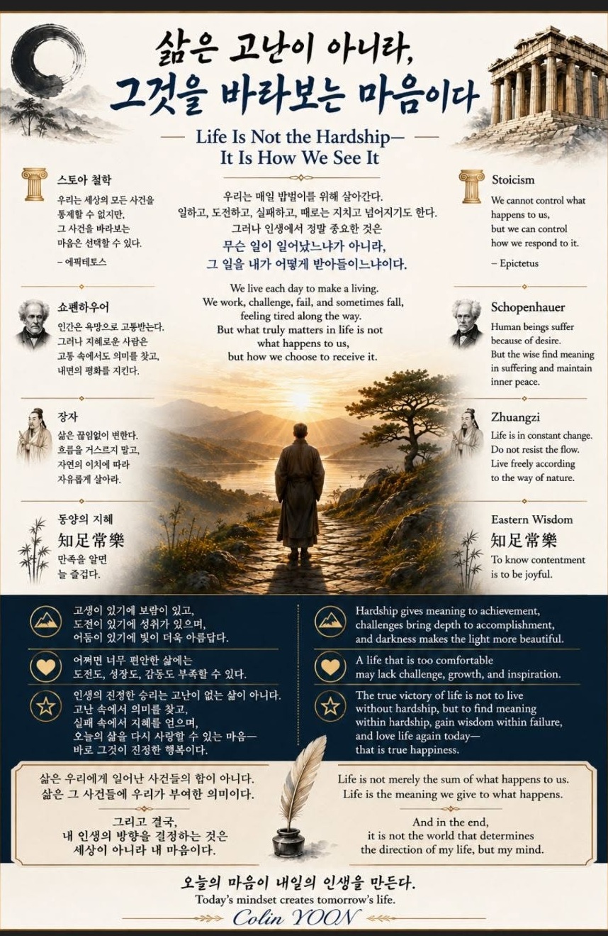Bilingual illustrated reflection titled Life Is Not the Hardship, It Is How We See It, citing Stoicism, Schopenhauer, Zhuangzi, and Eastern wisdom on contentment