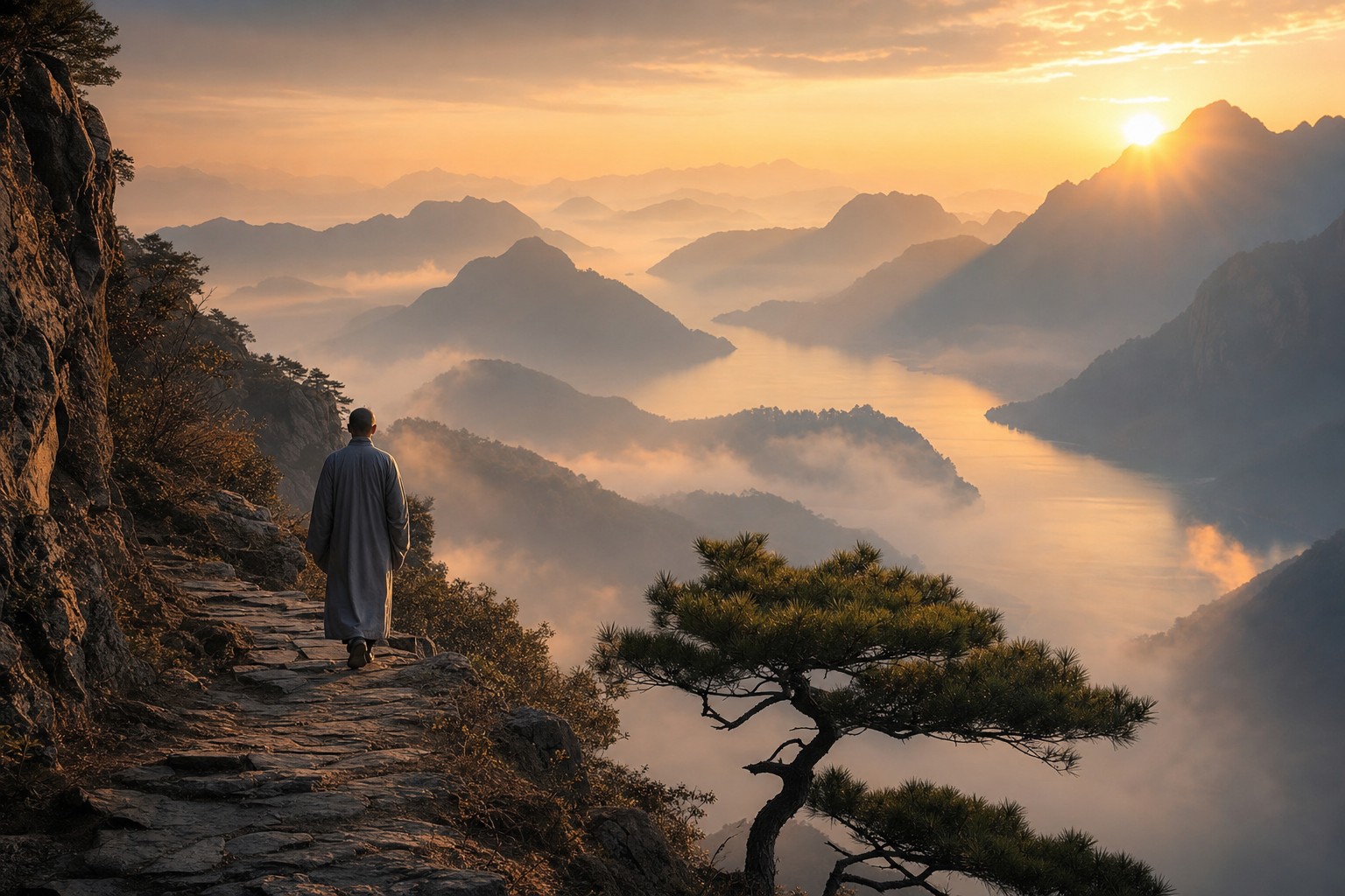 A lone figure in simple robes walking a stone mountain path toward a golden sunrise over misty layered peaks