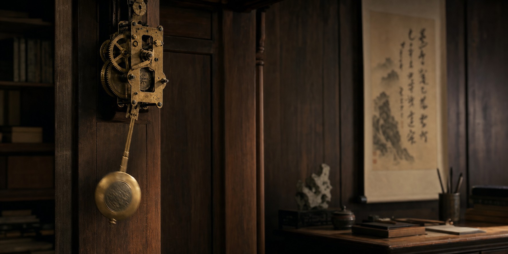 A close-up of an antique brass pendulum clock mechanism suspended mid-swing in a warm wood-paneled study beside a faint ink-wash scroll