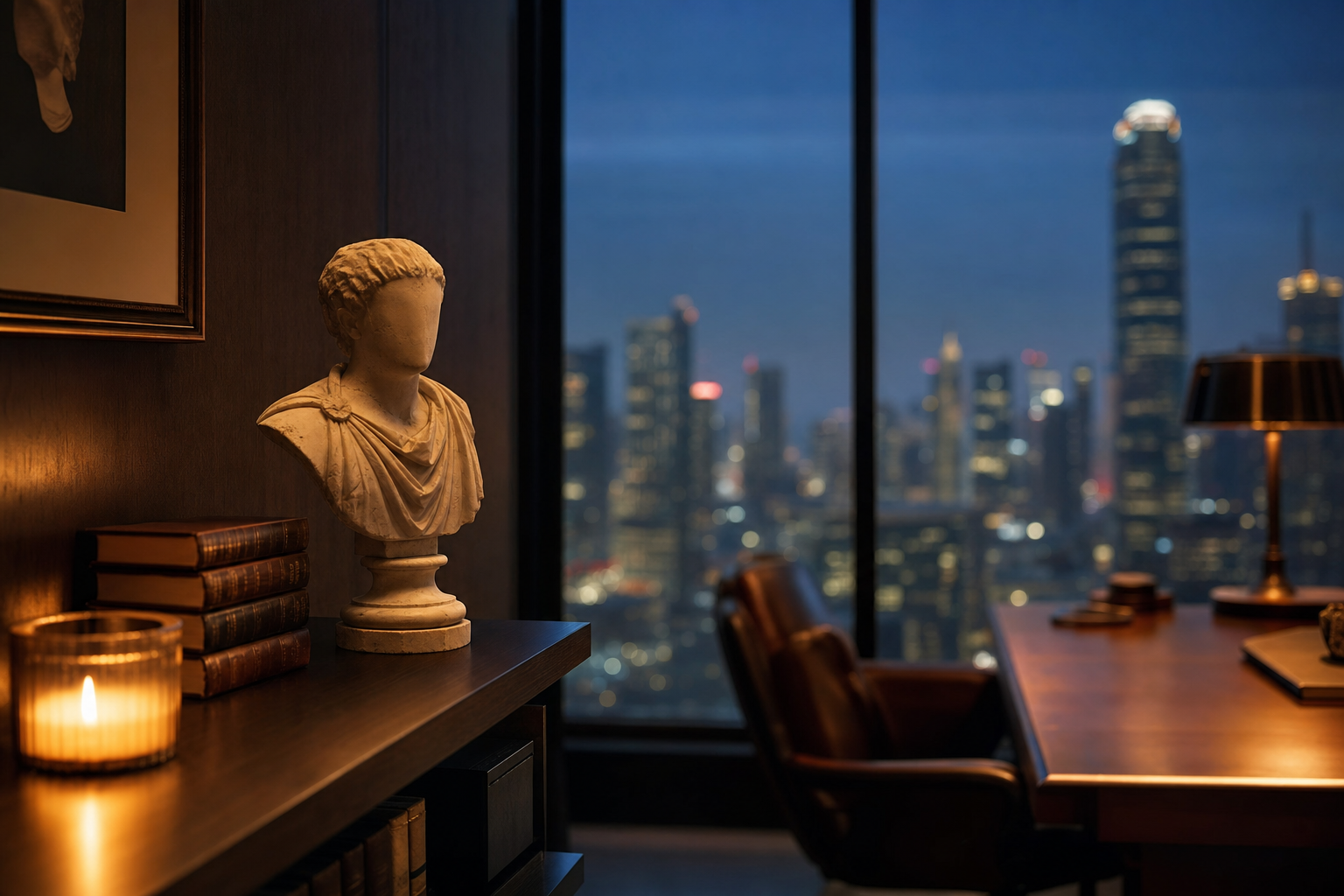 A classical marble bust on a dark wood shelf beside leather-bound books, with a candle and a blurred city skyline