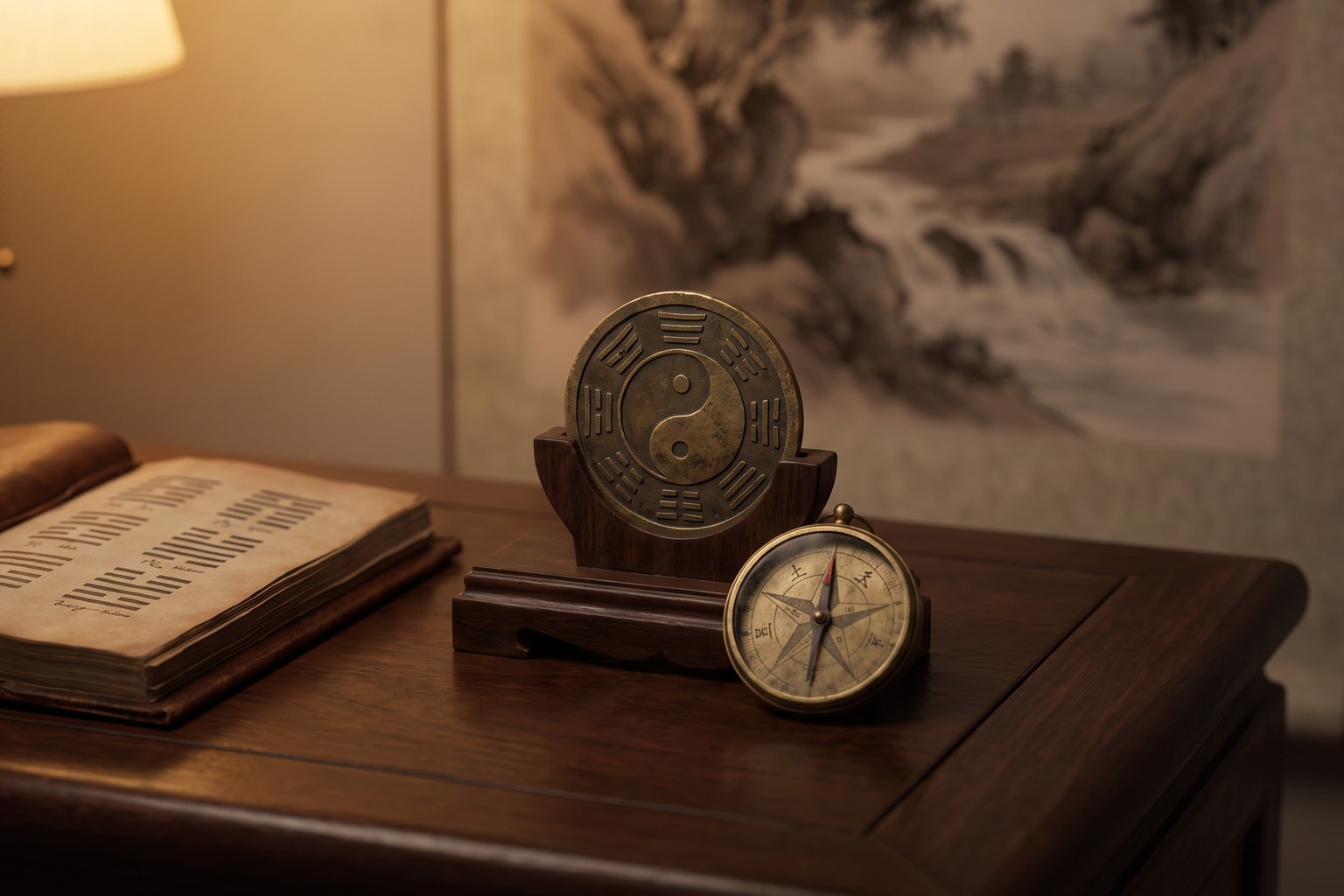 An antique bronze Taiji yin-yang and bagua medallion and a small brass compass on a dark wood desk beside an open book of hexagrams, with a faint ink-wash mountain scroll behind