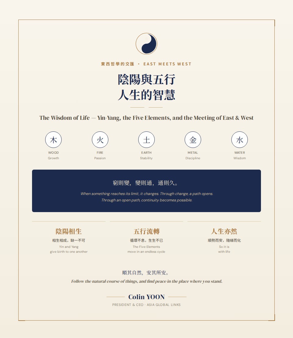 Bilingual illustrated reflection titled The Wisdom of Life, on Yin-Yang, the Five Elements of Wood, Fire, Earth, Metal, and Water, and the meeting of East and West