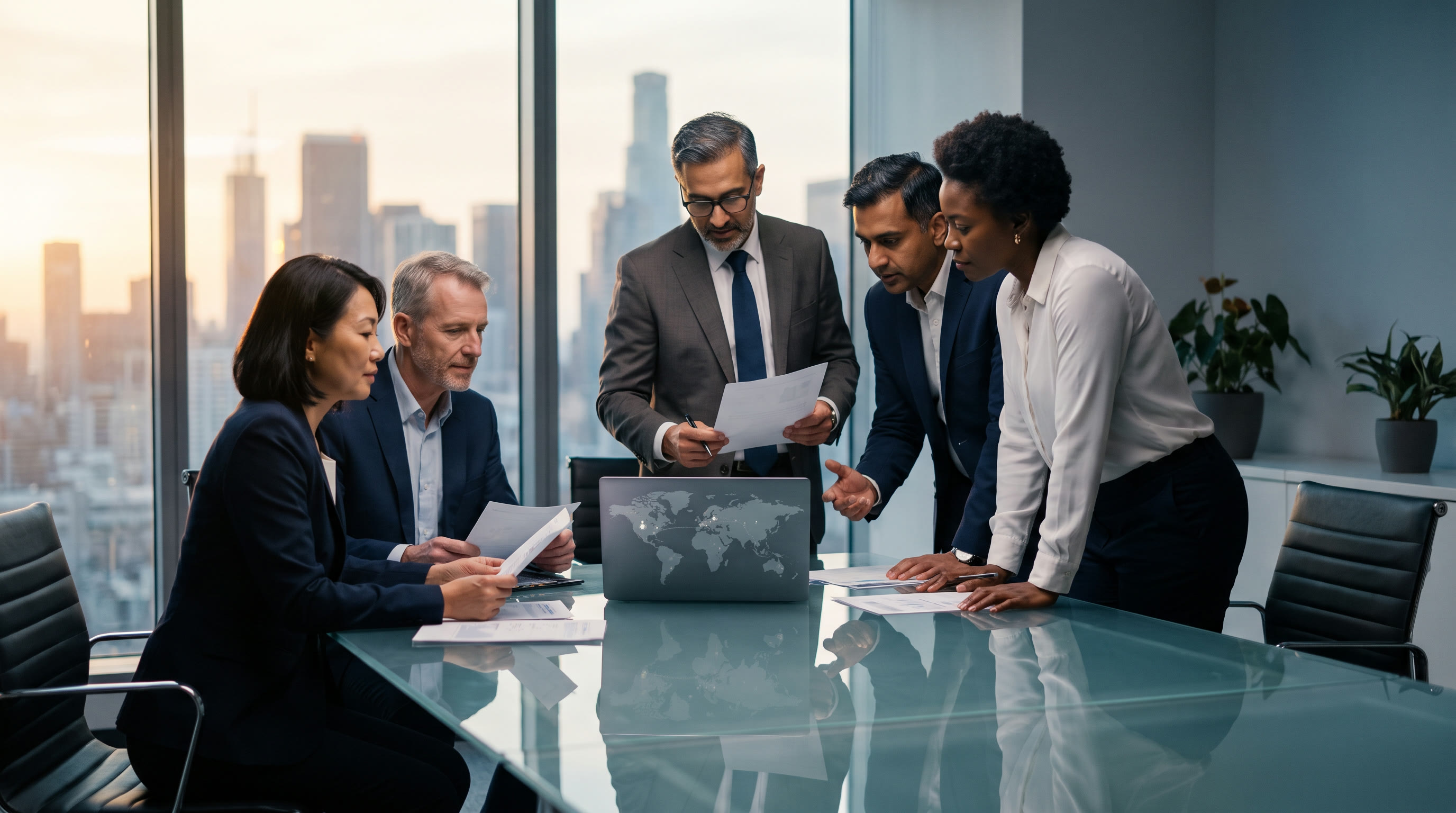 A diverse team of senior Asian and Western executives collaborating around a conference table with a world map displayed on a laptop screen