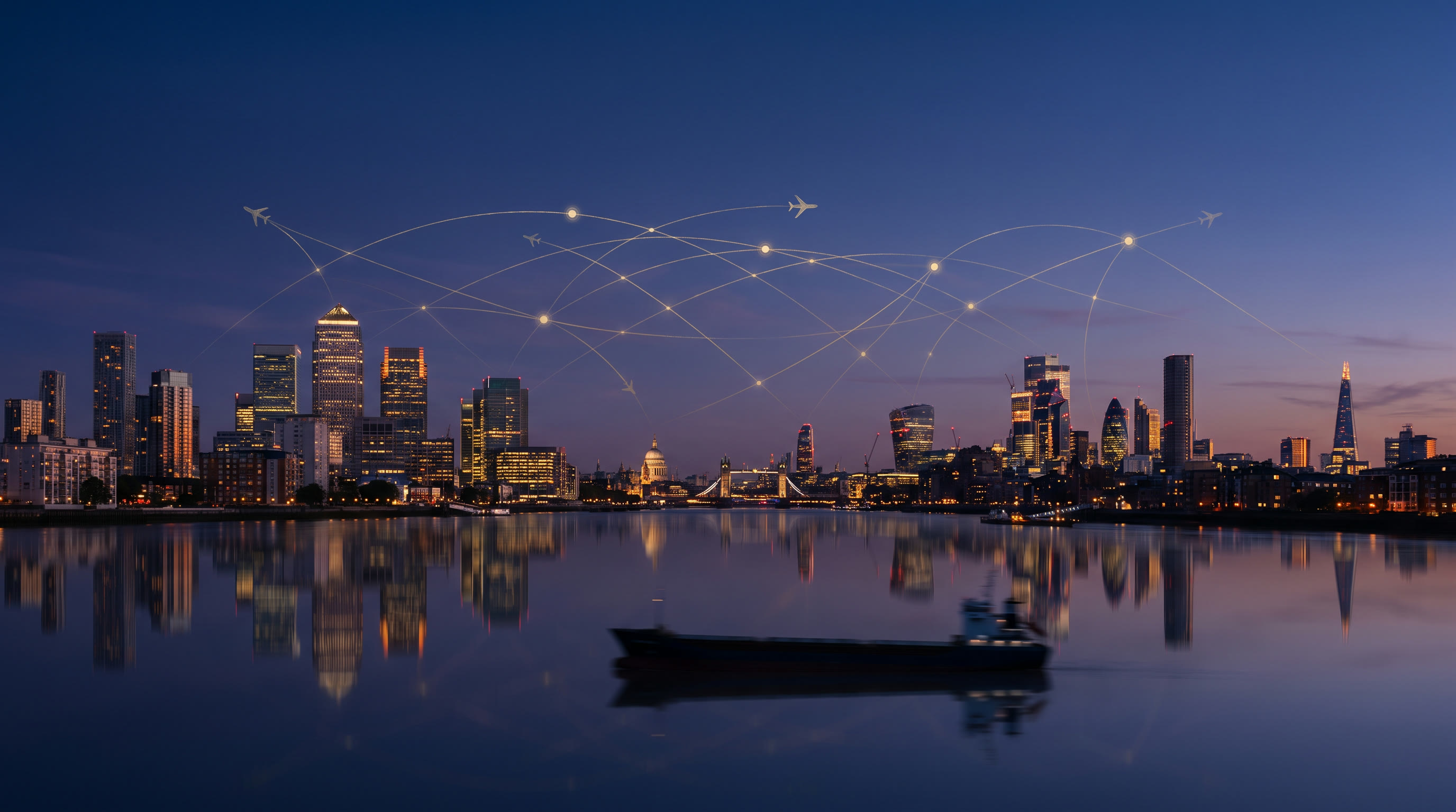 A global financial skyline at dusk with an illuminated gold flight-route map overlaid across the sky, representing a coordinated international network