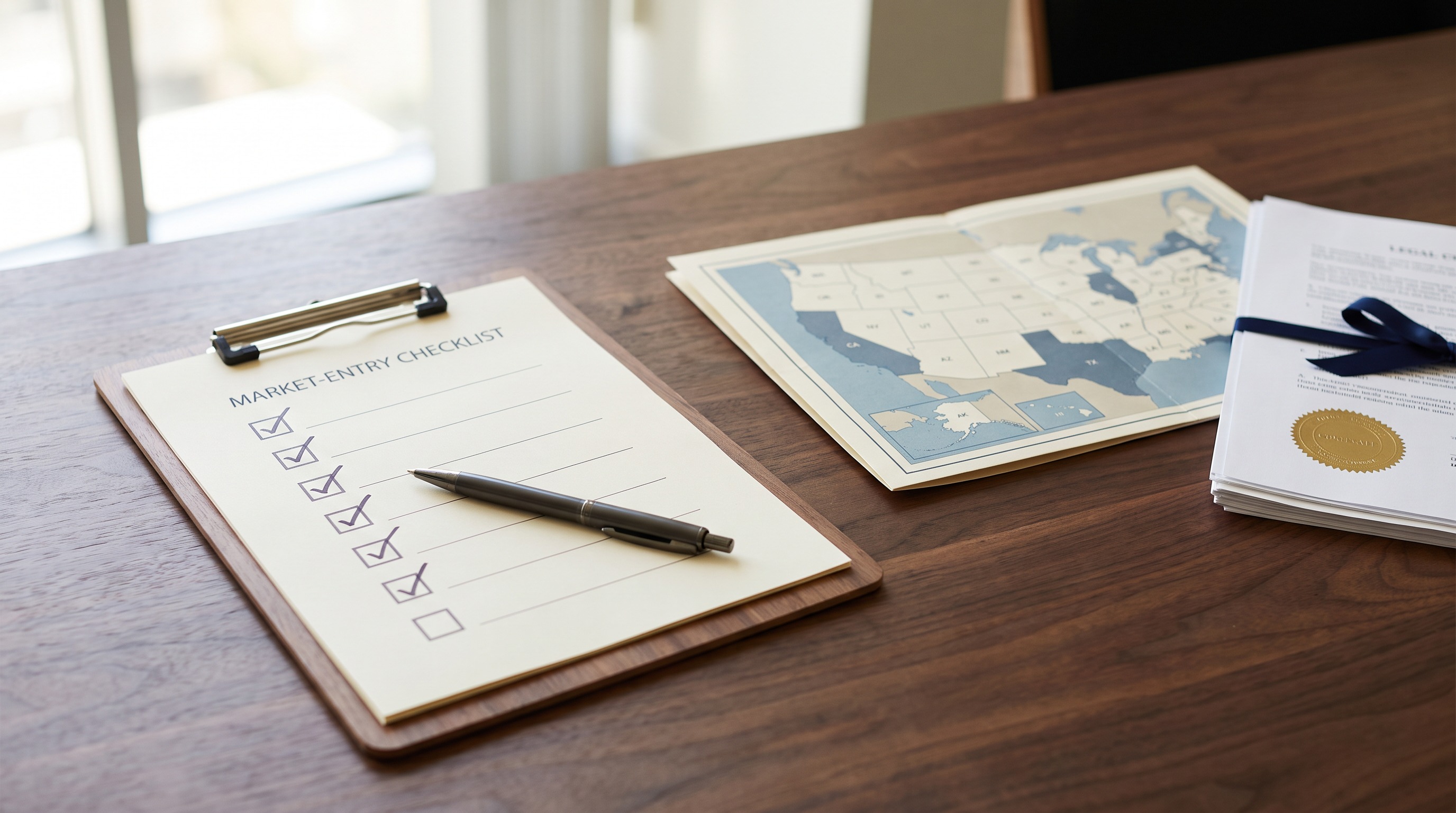 A market-entry checklist on a clipboard beside a folded U.S. map and a stack of legal documents