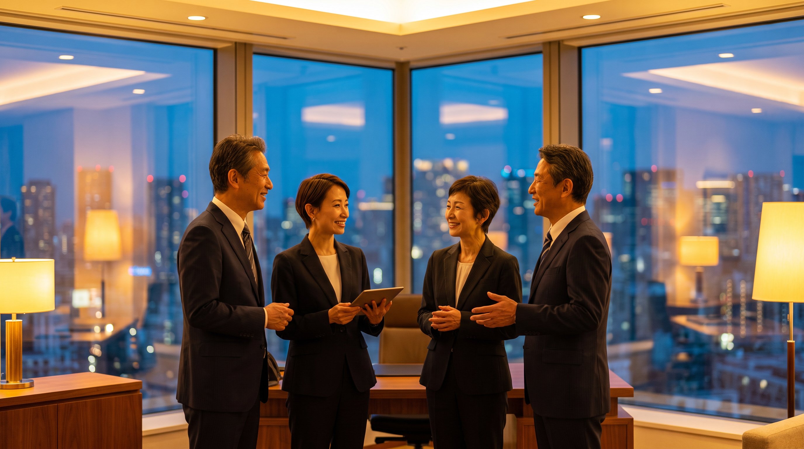 A group of senior Asian business executives in discussion, representing our Korean, Chinese, Taiwanese, Japanese, and other Asian clients