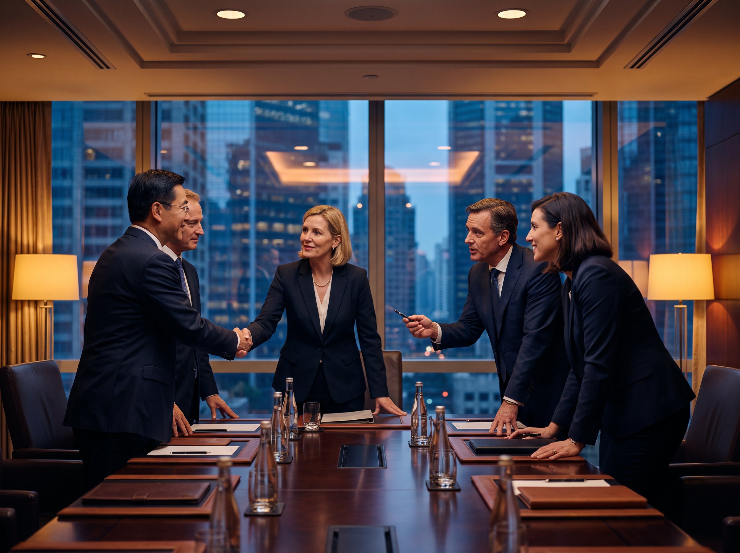 Senior executives from Asia, the United States, and Europe shaking hands during a cross-border business negotiation
