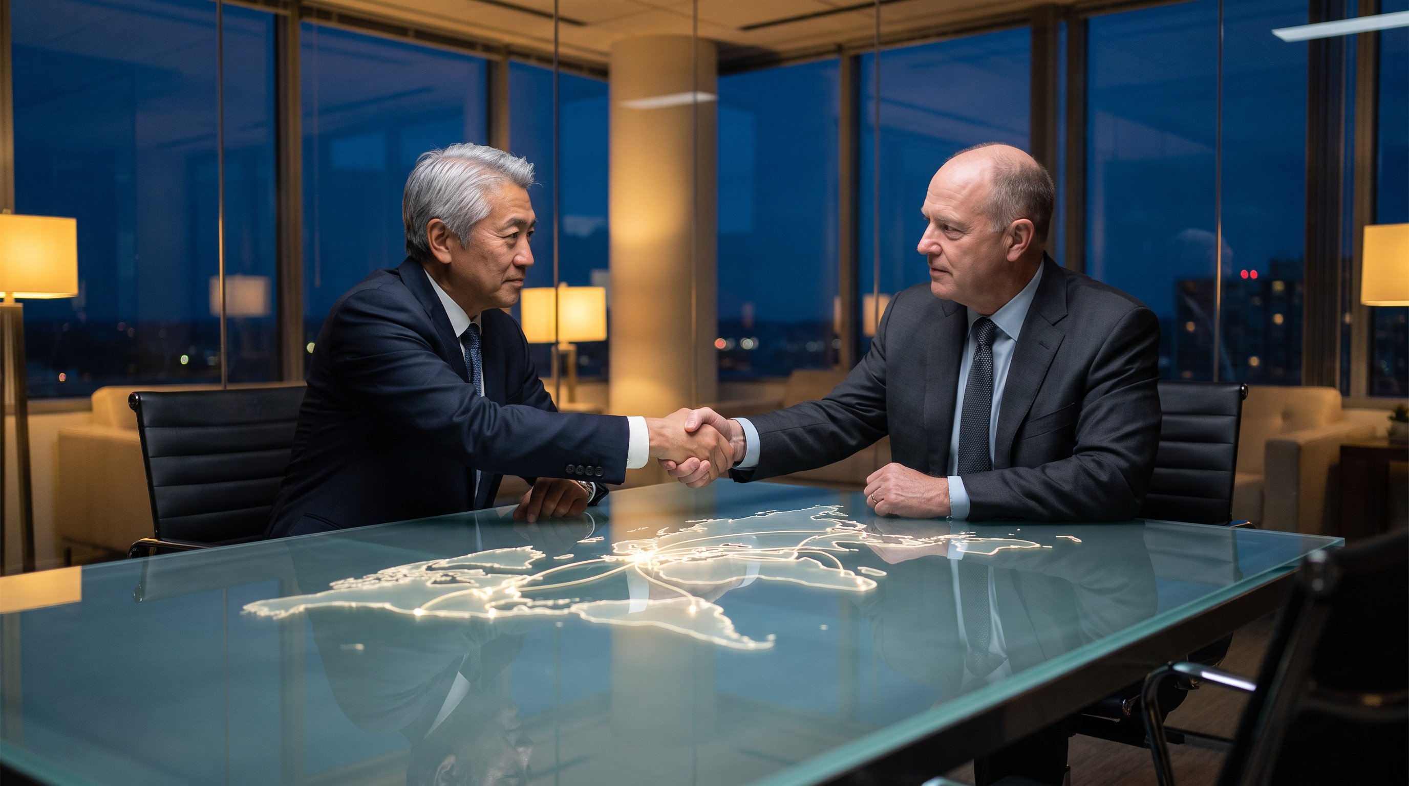 Two senior executives shaking hands over a table with an illuminated world map, representing global partnership and cooperation