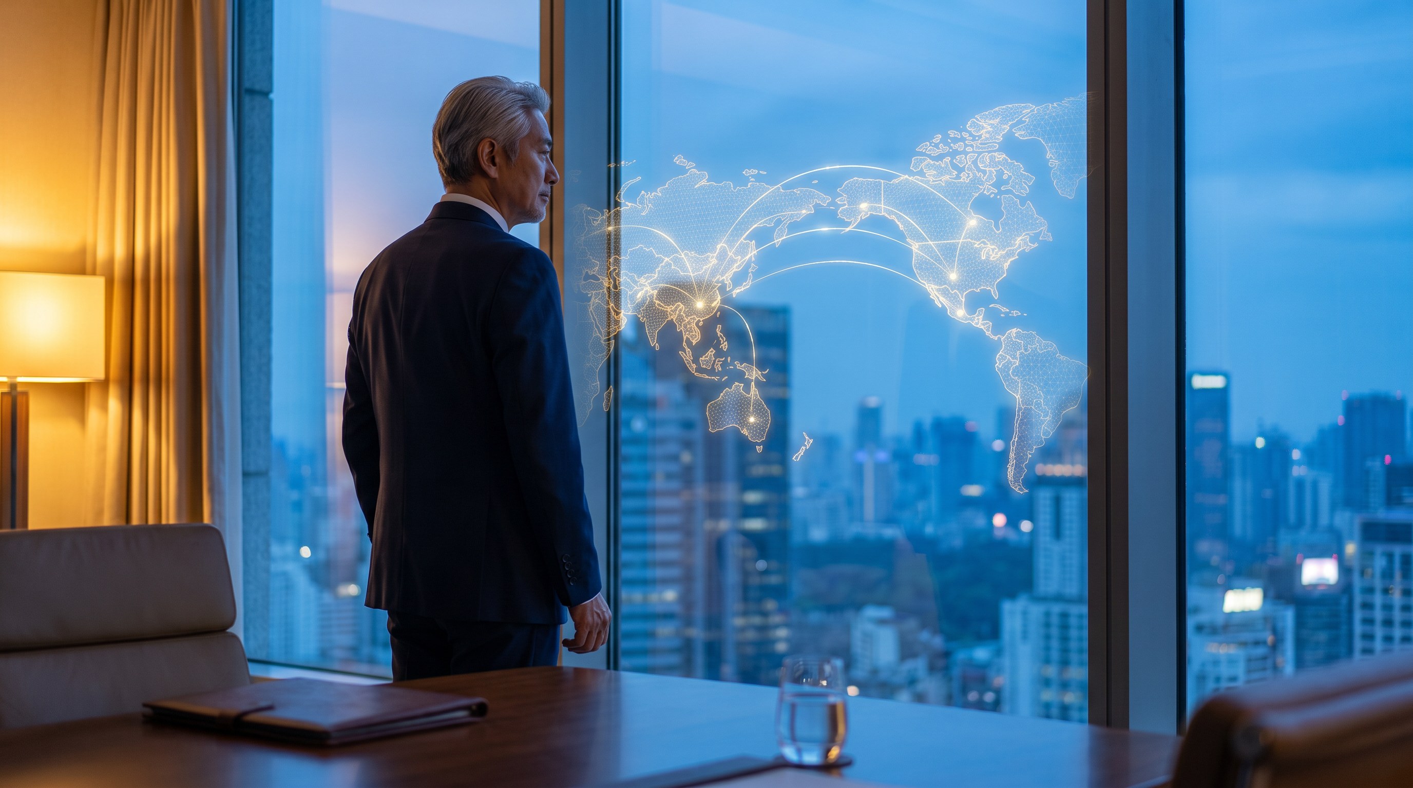 A senior advisor studying an illuminated global strategy map overlaid on a boardroom window at dusk, representing decades of cross-border strategic planning