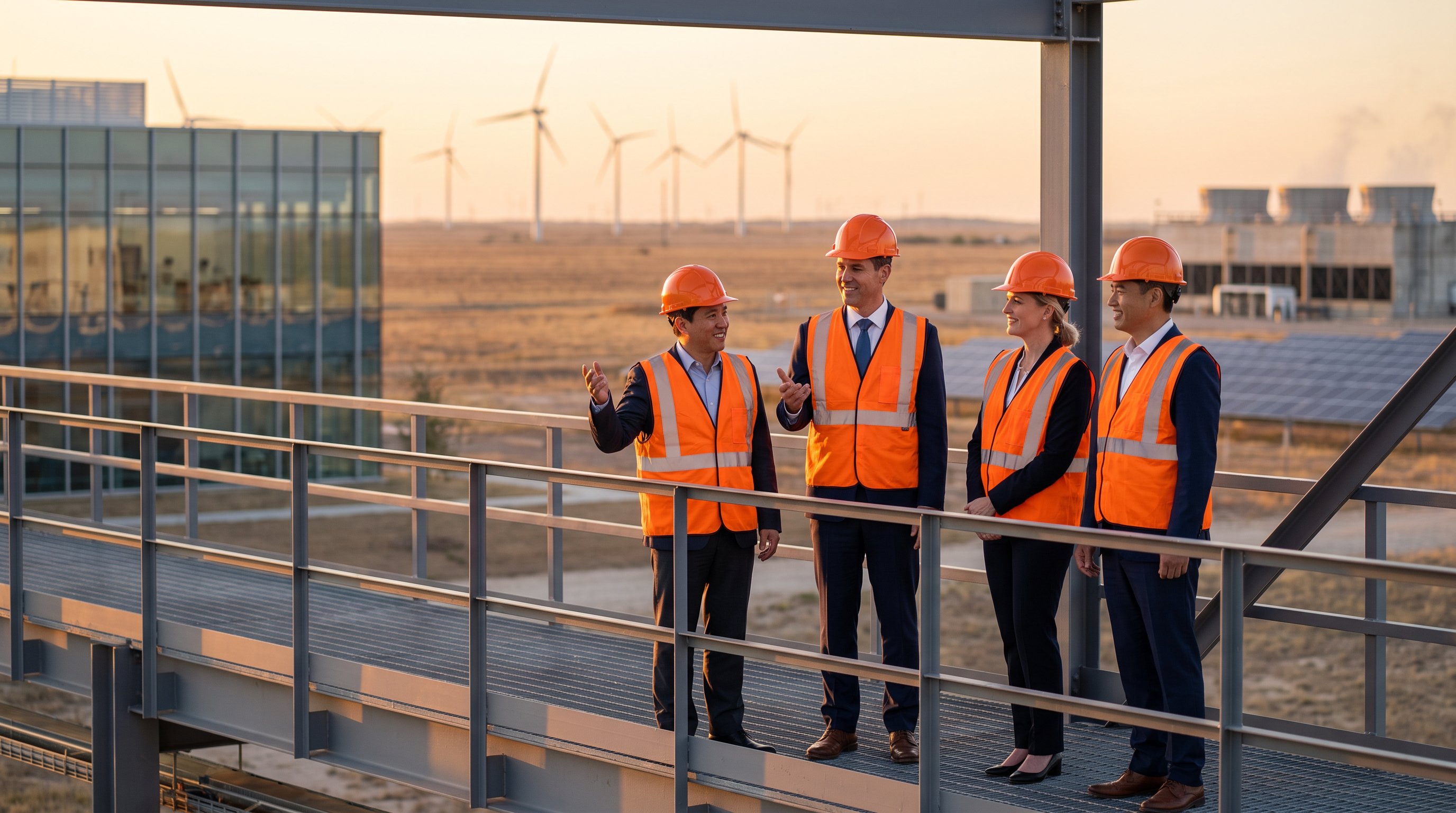 Asian and American executives touring an industrial site in Texas with wind turbines, solar panels, and a data center in the background, representing investment in automotive, semiconductor, energy, and data center industries